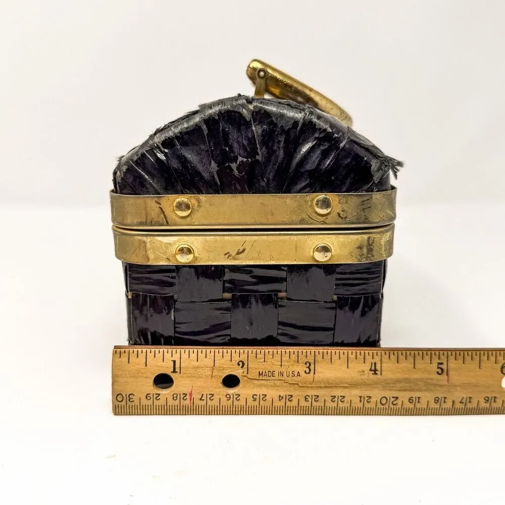 Vintage Woven Plastic Raffia Box Purse Black Gold Lucite Handle Jewelry Case